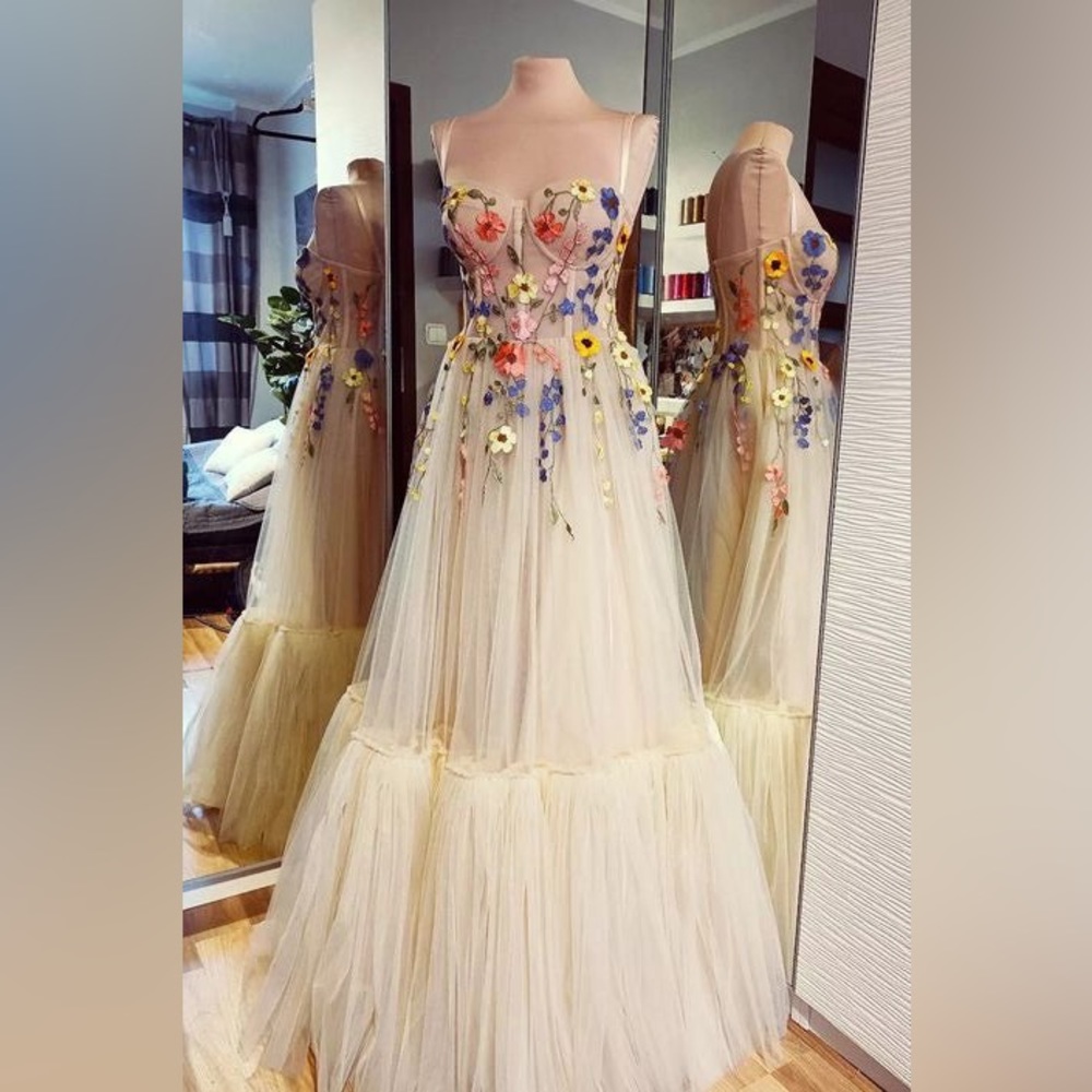 Beautiful hand embroidered floral gown. Size 12. Never worn.